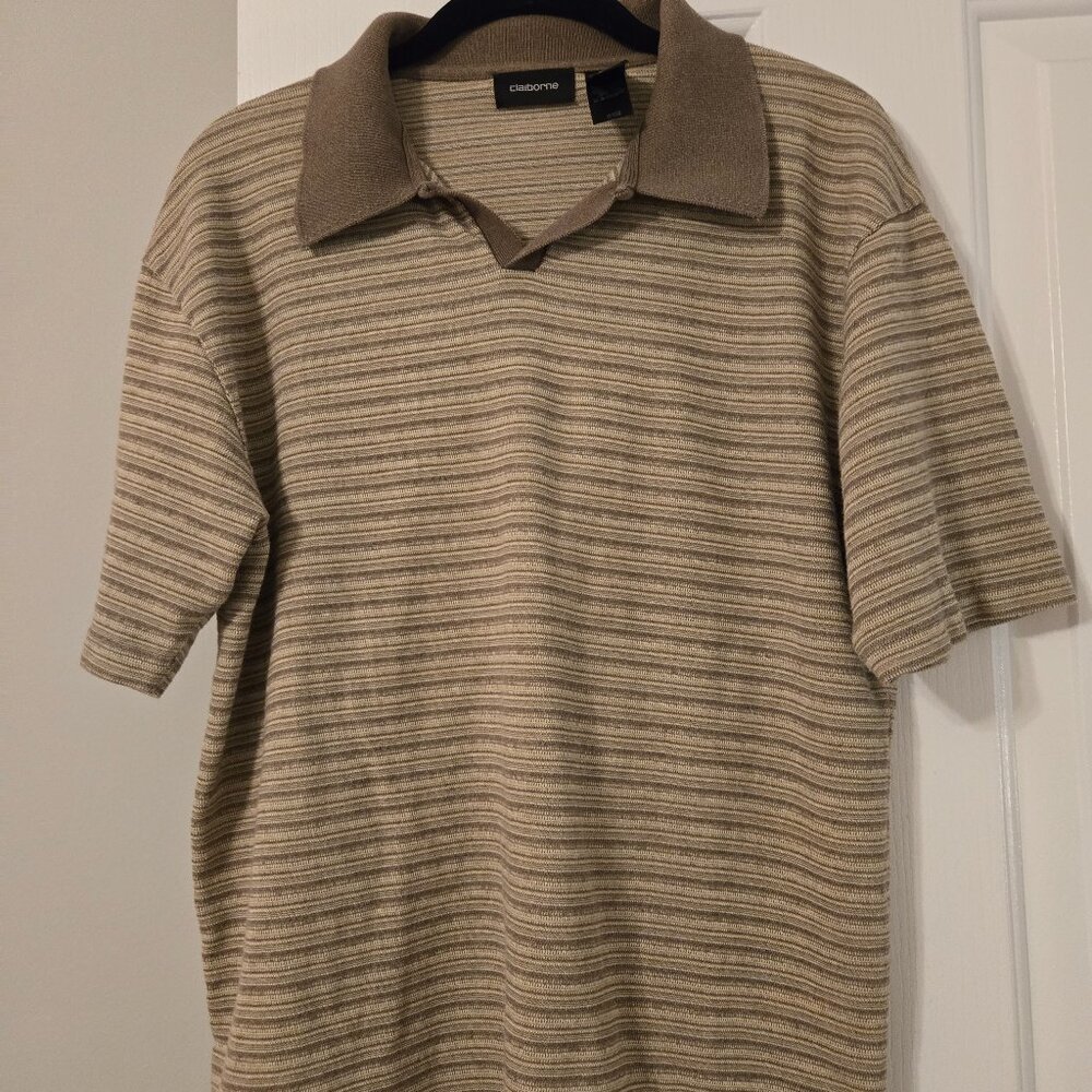Mens Claiborne Tan Striped Polo Size Large
